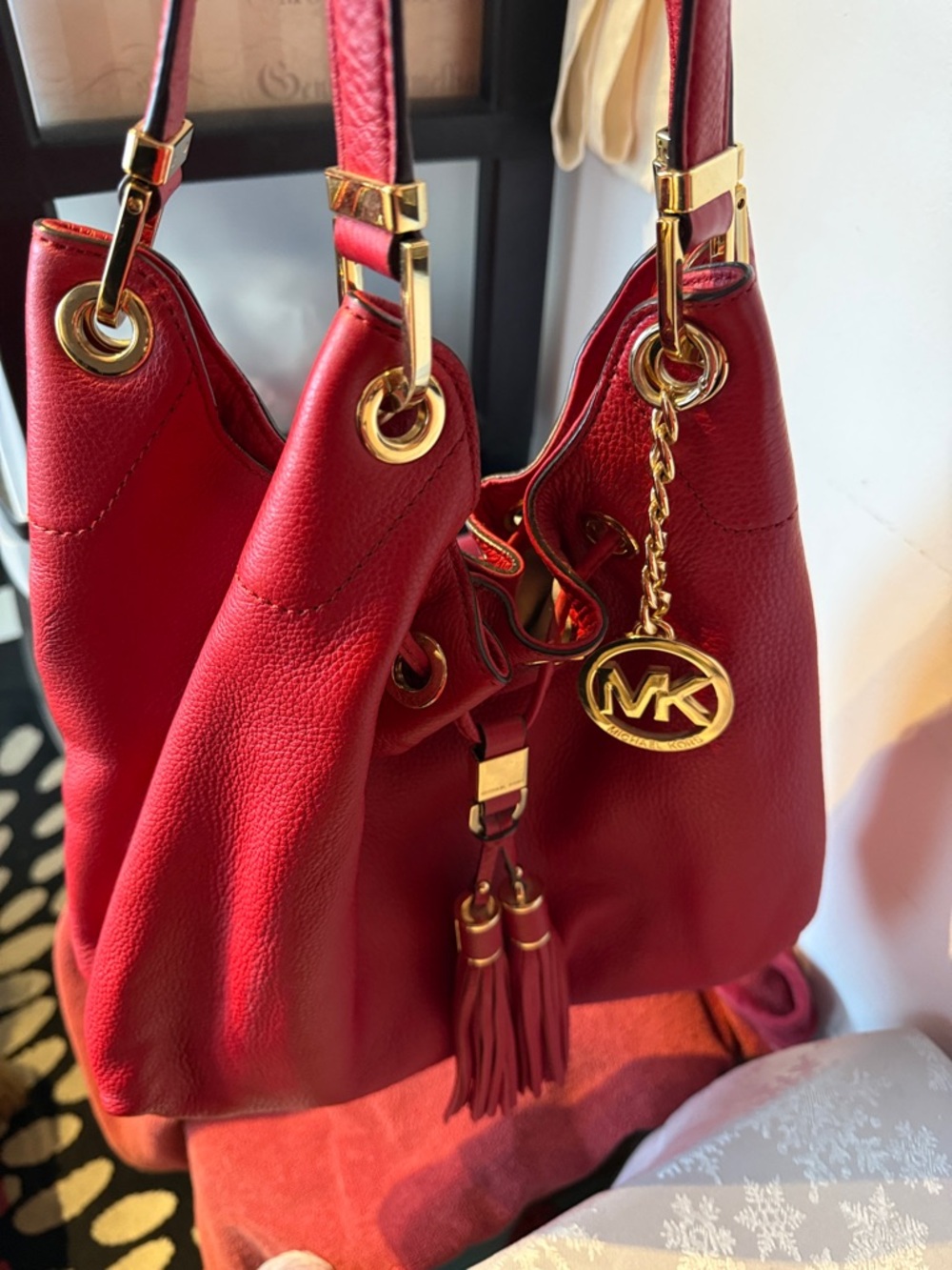 Michael Kors Red Pebbled Leather Drawstring Hobo with Tassel and MK Charm - Picture 2 of 3